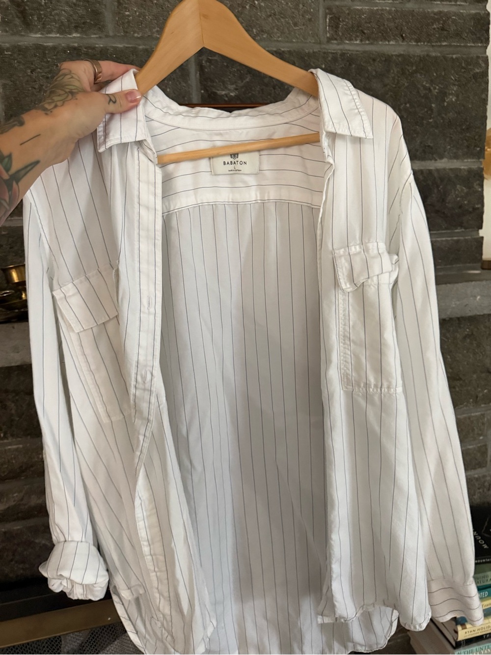 Babaton Utility White Pinstripe Cotton Button-Up Shirt